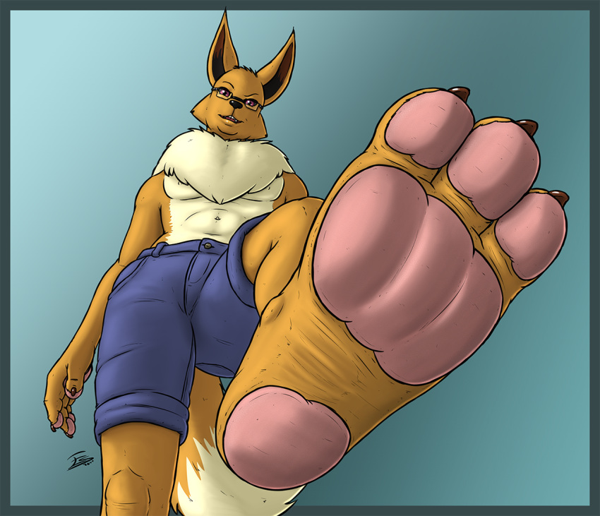 2021 3_toes anthro barefoot blue_border blue_bottomwear blue_clothing blue_shorts border bottomwear brown_body brown_fur clothing eevee evil-sprite eyewear fan_character feet foot_focus fur glasses looking_at_viewer looking_down macro male micro nintendo plantigrade pok&eacute;mon pok&eacute;mon_(species) raised_leg shorts signature size_difference soles solo stomping toes underpaw video_games white_body white_fur