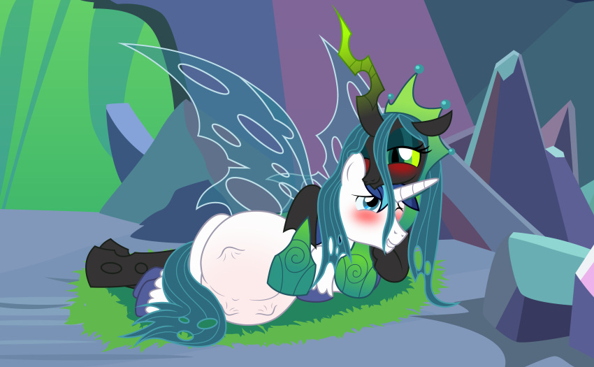 abdominal_bulge absurd_res arthropod badumsquish blue_eyes blush changeling crown equid equine friendship_is_magic green_eyes hasbro hi_res horn implied_intersex insect_wings lying male mammal my_little_pony on_side pregnant pregnant_male queen_chrysalis_(mlp) shining_armor_(mlp) unicorn wings