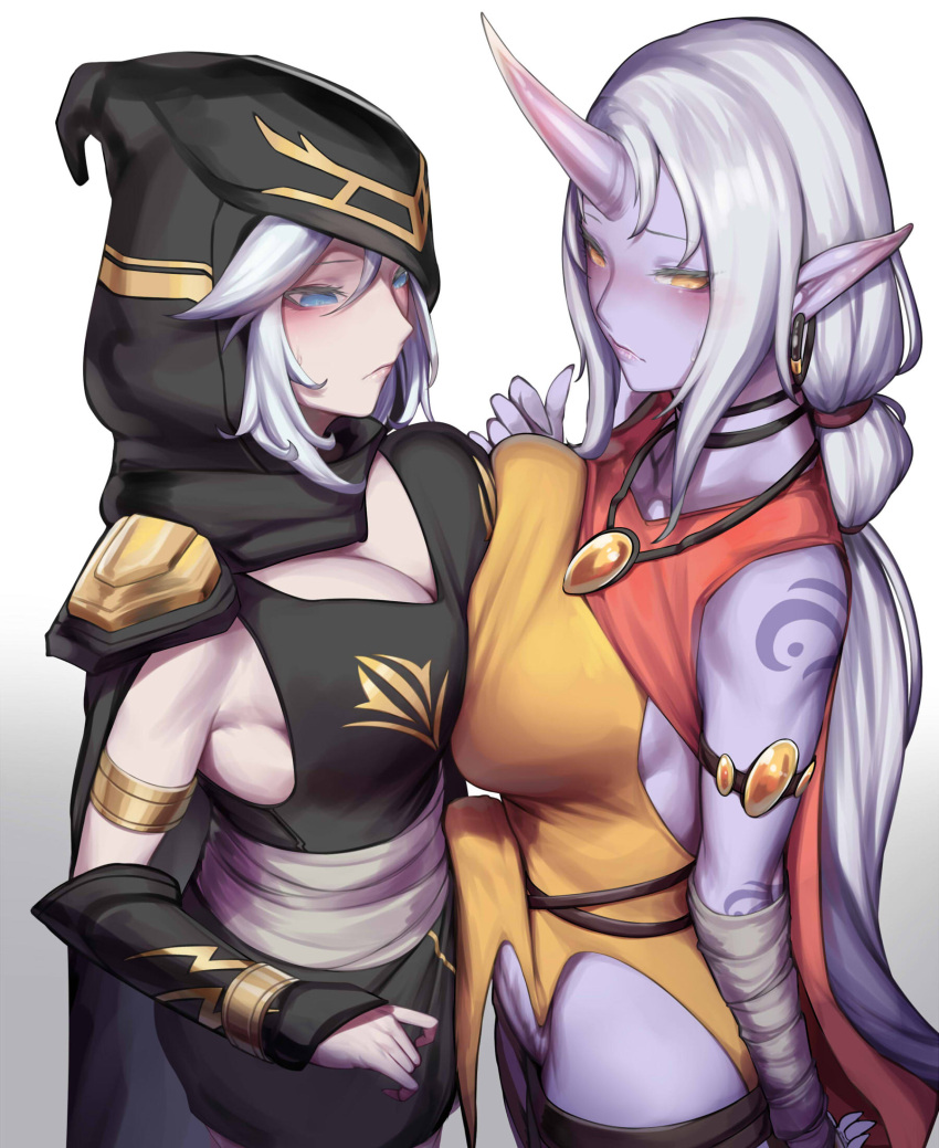 ashe_(lol) big_breasts big_penis blue_eyes breast_squish breasts bulge cleavage clothed clothing dress duo ear_piercing ear_ring erection female genitals gynomorph gynomorph/female hair hi_res hood horn horned_humanoid human humanoid humanoid_pointy_ears intersex intersex/female kumiko_(aleron) league_of_legends legwear long_hair mammal no_underwear not_furry pale_skin penis piercing ponytail purple_body purple_skin riot_games side_view soraka squish standing tattoo thigh_highs video_games white_hair yellow_eyes