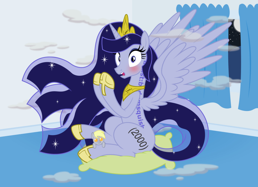 alternate_species badumsquish crown derpibooru derpy_hooves_(mlp) equid equine fan_character friendship_is_magic gold_(metal) gold_jewelry hasbro hi_res horn jewelry mammal my_little_pony necklace pillow plushie sparkles tiara window winged_unicorn wings