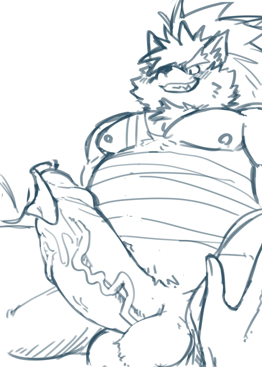 anthro balls belly blush canid canine canis crazy_sll domestic_dog duo erection genitals grin hair hi_res lifewonders long_hair male male/male mammal musclegut nipples oral pecs penis ponytail shino_(housamo) sketch smile tokyo_afterschool_summoners vein veiny_penis video_games