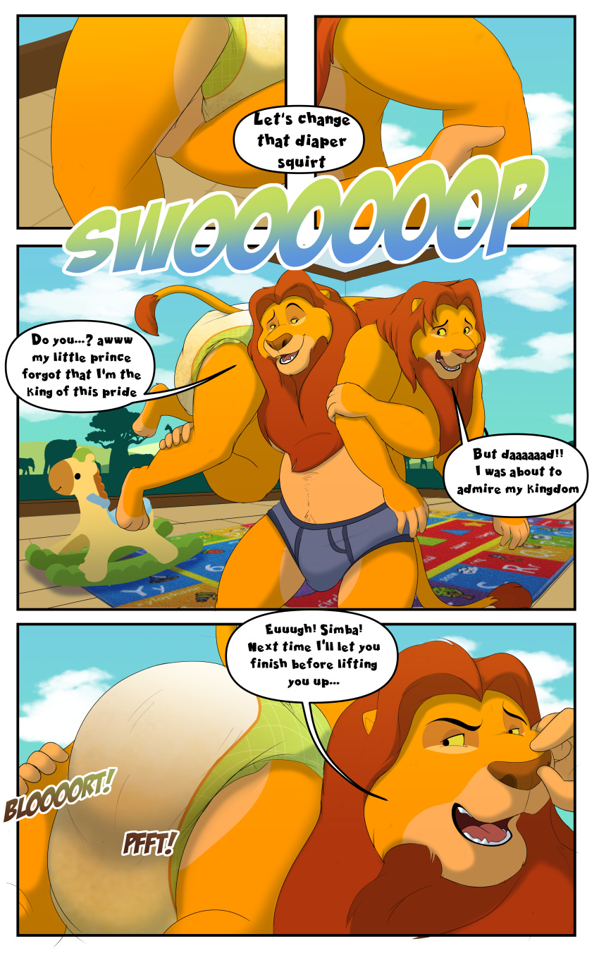 absurd_res anthro baltnwolf_(artist) bodily_fluids bottomwear bulge butt clothed clothing comic dialogue diaper diaper_fetish digital_media_(artwork) disney duo english_text feces felid filth filthy full_diaper fur genital_fluids hair hi_res lion male mammal mature_male messing messing_diaper messy_diaper mufasa muscular open_mouth pantherine pooping scat simba smile soiled_diaper soiling soiling_diaper sound_effects teasing text the_lion_king underwear urine wet_diaper wetting