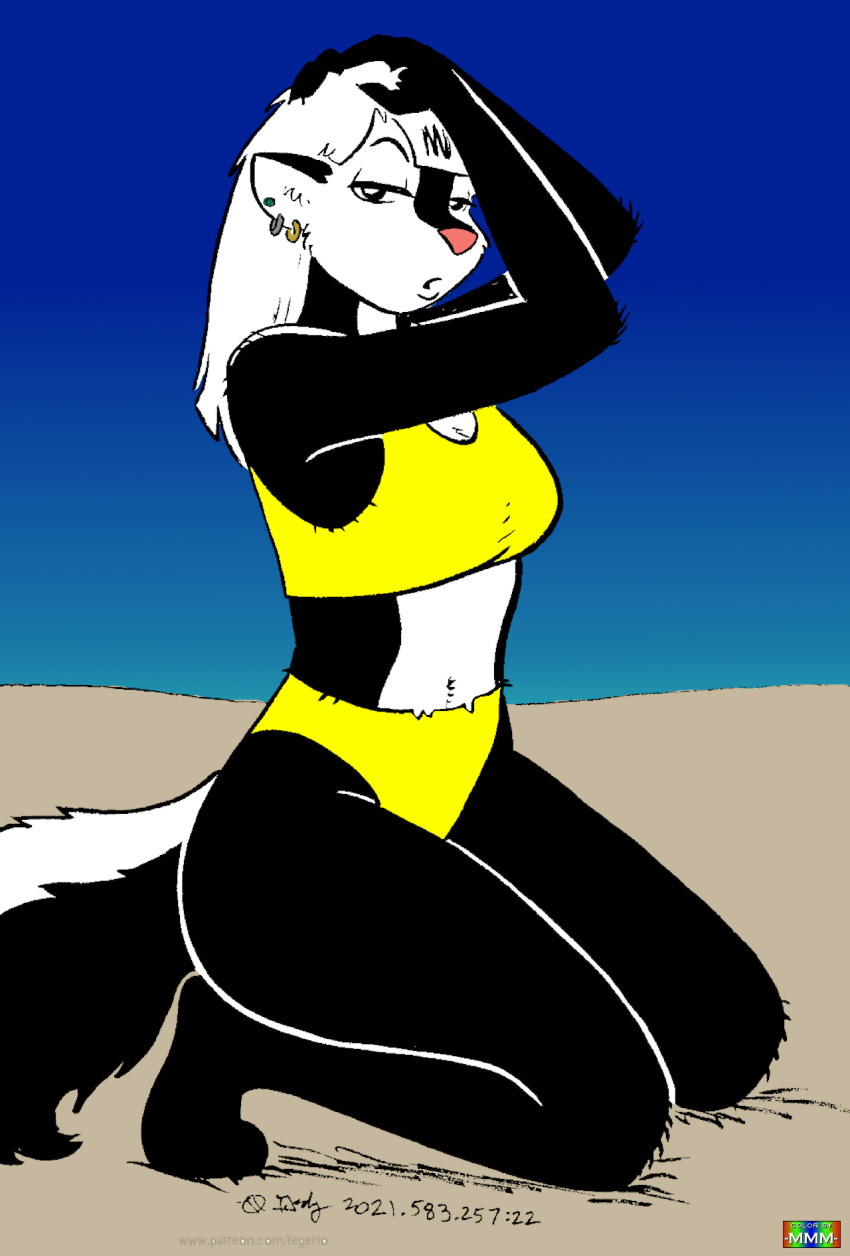 anthro bikini blue_background clothing colored ear_piercing ear_ring female hands_in_hair hi_res kelly_o'dor kneeling mammal marmelmm mephitid narrowed_eyes piercing simple_background skunk solo swimwear tegerio yellow_bikini yellow_clothing yellow_swimwear