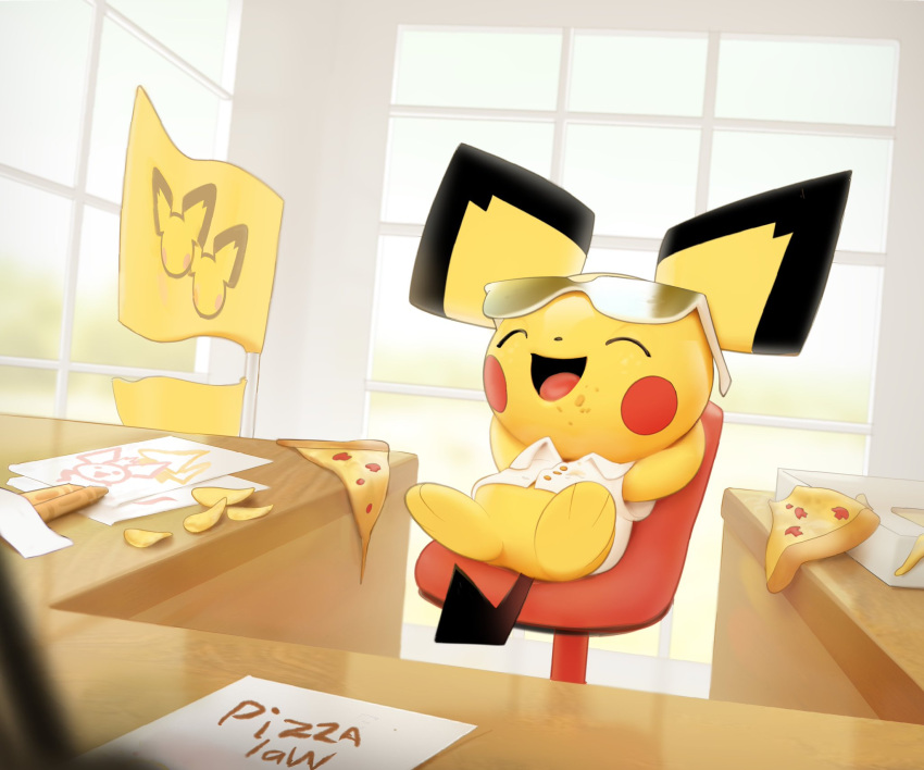 ambiguous_gender chips_(food) clothing eyes_closed eyewear feral food furniture glasses hi_res inkune mammal nintendo open_mouth paper pichu pizza pok&eacute;mon pok&eacute;mon_(species) potato_chips rodent sitting smile solo text tongue topwear video_games window yellow_body