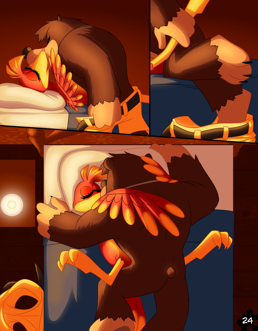 2021 absurd_res anthro avian banjo-kazooie banjo_(banjo-kazooie) bed belt bird black_nose blue_eyes bottomwear breegull brown_body brown_fur butt candle candlelight clothed clothing comic digital_media_(artwork) duo eyelashes eyes_closed feathers feet female female_on_bottom fur furniture head_tuft hi_res imminent_sex jewelry kazooie kissing lying male male/female male_on_top mammal necklace nude number on_back on_bed on_bottom on_top page_number pants rareware red_body red_feathers skeletonguys-and-ragdolls topless topless_male tuft undressing ursid video_games yellow_body yellow_bottomwear yellow_clothing yellow_feathers yellow_pants