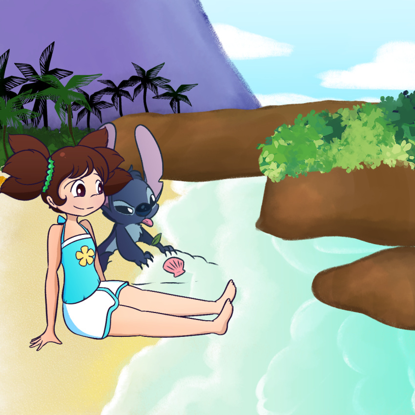 1:1 4_fingers 5_fingers alien ambiguous_gender barefoot beach blue_body blue_claws blue_clothing blue_eyes blue_fur blue_nose blue_swimwear brown_eyes brown_hair chest_tuft claws clothing day digital_drawing_(artwork) digital_media_(artwork) disney duo experiment_(lilo_and_stitch) feet female fingers fur hair head_tuft hi_res human leaf lilo_and_stitch long_ears male_(lore) mammal mountain navel notched_ear outside palm_tree plant salty_nebula seashell seaside shell shirt sitting smile stitch! stitch_(lilo_and_stitch) swimwear tank_top tongue tongue_out topwear tree tropical tuft water yuna_kamihara