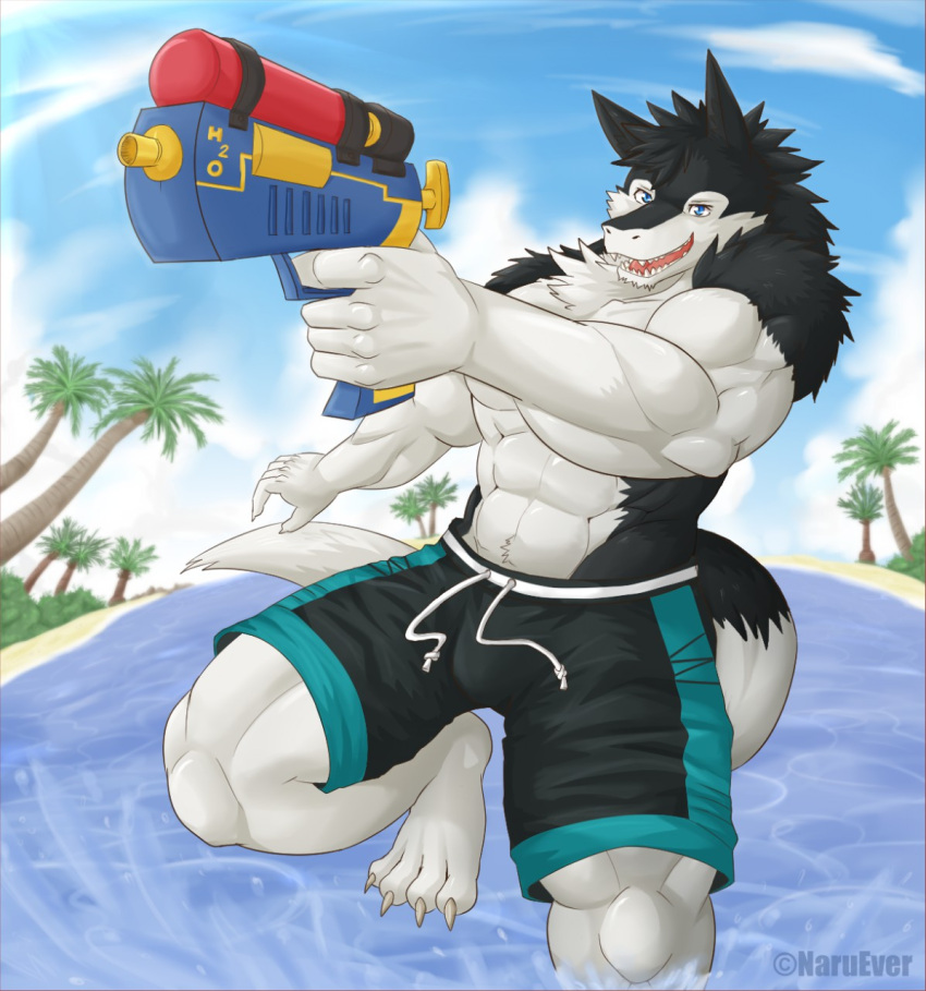 2015 abs anthro athletic beach biceps big_muscles biped black_body black_clothing black_fur blaster blue_clothing blue_eyes bottomwear claws clothing detailed_background discordnight fangs fur hi_res male mammal muscular muscular_anthro muscular_male naruever outside pecs sand seaside sergal shorts sky smile solo standing swimwear teeth toe_claws tongue topless_anthro topless_male water water_gun white_body white_fur