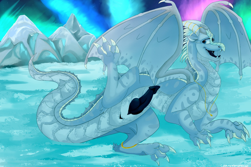 aurora_borealis blue_body blue_scales butt dragon fan_character feral genitals ice icewing_(wof) jewelry knot looking_at_viewer male mountain open_mouth panininha paws penis scales snow solo spread_legs spreading wings_of_fire