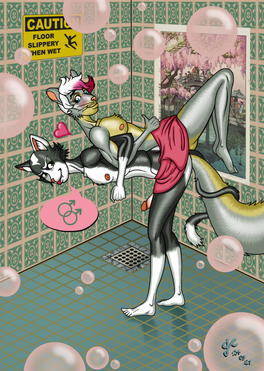 &lt;3 anthro athletic athletic_male bath bathhouse big_butt big_eyes black_body black_fur bubble butt caution_sign countershading digital_media_(artwork) dipstick_tail domestic_cat drain duo dyed-hair entwined_tails erection eye_contact eyebrows felid feline felis fluffy fluffy_tail frankie_donnelly fur genitals gesture girly gopher_chucks green_eyes grey_body grey_fur hair hi_res jesse_michaud leaning leaning_forward lifting_partner locked_arms long_tail looking_at_another looking_down looking_up lying magenta_hair male male/male male_on_top mammal multicolored_hair multicolored_tail nipples on_back on_top painting painting_(object) penis playful profile_view raised_eyebrow rodent romantic romantic_couple sciurid shared_clothing smile tail_coil teal_eyes teasing thumbs_up tongue tongue_out towel towel_only whiskers white_body white_countershading white_hair white_penis yellow_body yellow_countershading