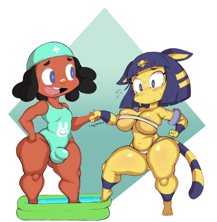 animal_crossing ankha_(animal_crossing) anthro bandage big_breasts black_hair blue_eyes blue_hair blush breasts brown_body brown_skin bulge cleavage clothed clothing domestic_cat dreadlocks duo felid feline felis female floatie girly hair hi_res human kiddie_pool male mammal nintendo one-piece_swimsuit partially_submerged purple_yoshi_draws simple_background swimwear thick_thighs under_boob video_games villager_(animal_crossing) white_background wide_eyed wide_hips yellow_body
