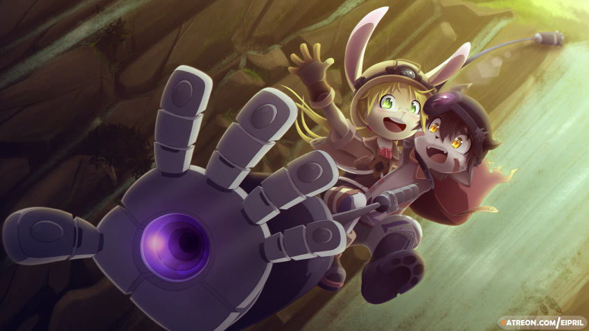 16:9 absurd_res alternate_species anthro blonde_hair domestic_cat duo eipril felid feline felis female hair hi_res lagomorph leporid machine made_in_abyss male mammal rabbit regu riko_(made_in_abyss) robot waterfall widescreen young