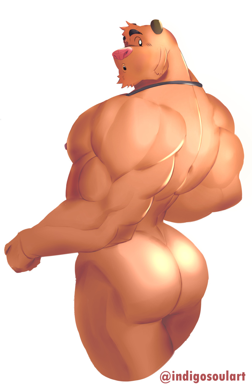 absurd_res anthro arts_of_indiego butt hi_res male mammal muscular muscular_anthro muscular_male nude pink_nose simple_background solo white_background