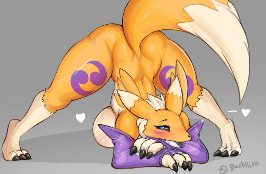 &lt;3 anthro ass_up bandai_namco big_breasts breasts digimon digimon_(species) female fur grey_background hi_res jack-o'_pose kyodashiro multicolored_body multicolored_fur pose renamon simple_background solo