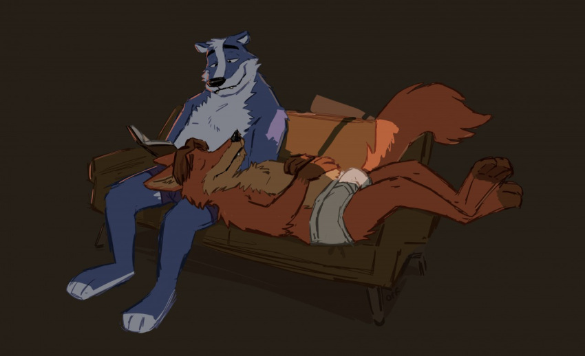2019 anthro badger blue_body blue_fur book bulge canid canine clothing disney duo eyes_closed fox fur furniture gideon_grey jay_wolfe lying male male/male mammal mustelid musteline orf reading sitting slightly_chubby sofa underwear white_body white_fur zootopia