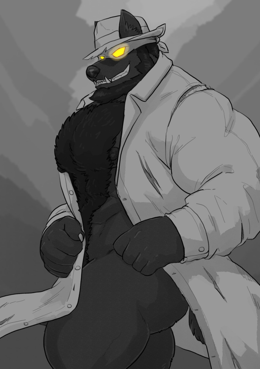 2018 2020 abs alternate_version_at_source anthro barazoku biceps big_muscles biped body_fur bottomless butt canid canine canis chest_fur claws clothed clothing clothing_lift coat digital_media_(artwork) exhibitionism facial_fur fangs flashing fur glowing glowing_eyes greyscale grin grisser hair hairy hat headgear headwear hi_res looking_at_viewer male mammal manly mask mick_wolf monochrome muscular muscular_anthro muscular_male nipples partially_clothed pecs portrait sharp_teeth shirt shirt_lift simple_background smile smirk solo standing teeth three-quarter_portrait topwear trenchcoat were werecanid werecanine werewolf wolf yellow_eyes