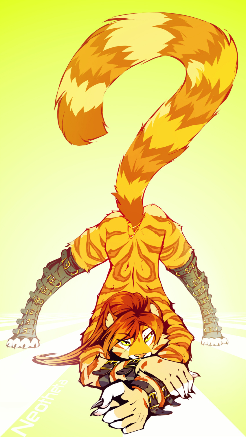 2021 4_toes 5_fingers 9:16 anthro breasts brown_hair clothed clothing digital_media_(artwork) feet felid female fingers fur hair hi_res jack-o'_pose mammal neotheta orange_body orange_fur pantherine pose simple_background solo tiger toes yellow_eyes