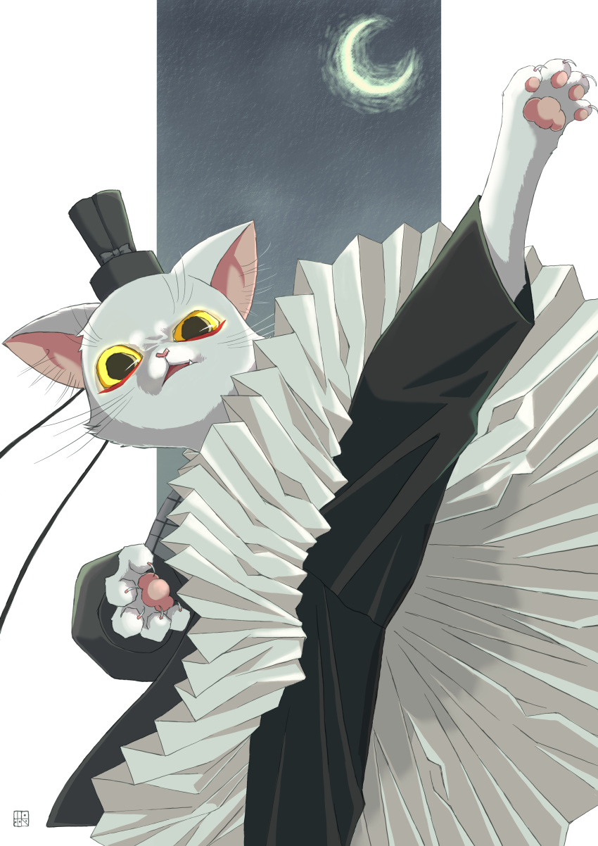2021 absurd_res anthro asian_clothing chinese_clothing claws clothing daikon_(artist) domestic_cat east_asian_clothing felid feline felis fur hi_res li_bing_(white_cat_legend) mammal moon paws white_body white_cat_legend white_fur yellow_sclera