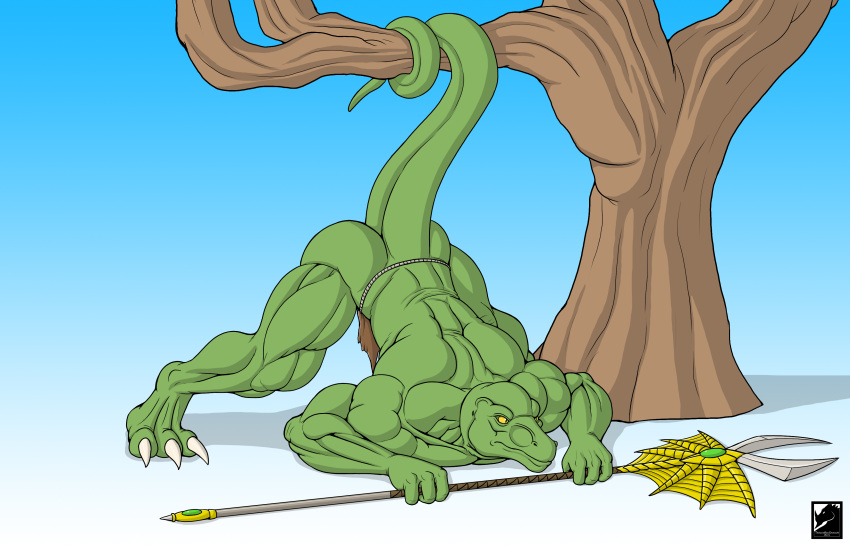 2021 absurd_res agamid_drakarum anthro back_muscles butt digital_media_(artwork) gradient_background hi_res holding_melee_weapon jack-o'_pose kevindragon lizardman long_tail male mostly_nude muscular muscular_anthro muscular_arms muscular_legs muscular_male plant pose reptile scalie simple_background solo tree