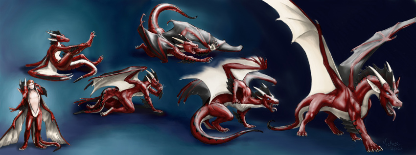 2021 all_fours blue_background dragon duo eyes_closed feral hair hi_res horn human human_to_feral living_clothing male mammal membrane_(anatomy) membranous_wings nakase nude red_body sequence sharp_teeth short_hair simple_background smile species_transformation suit_transformation teeth tongue tongue_out transformation wings