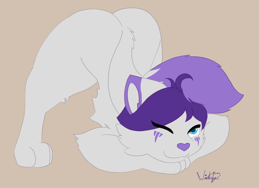 &lt;3 2021 anthro blue_eyes canid canine fox fur hair heart_nose hi_res jack-o'_pose lavender_fur male mammal one_eye_closed pose purple_hair ren_winterfox_(artist) ren_winterfox_(character) signature simple_background solo white_body white_fur wink
