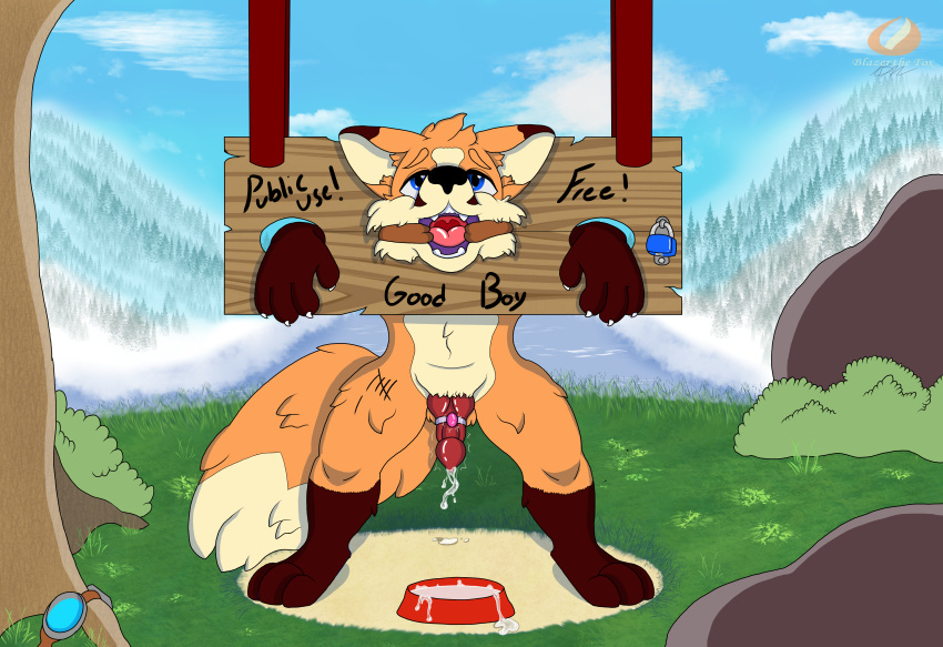 absurd_res animal_genitalia animal_penis anthro bdsm blazer_fox blazer_the_fox_(character) bodily_fluids bondage bound bowl canid canine canine_penis container cum cum_in_bowl ejaculation english_text fluffy fox gag genital_fluids genitals hi_res invalid_tag knot male mammal open_mouth penile penis praise public_use restrained ring_gag sex_toy solo stocks submissive submissive_male text tongue vibrator vibrator_on_penis