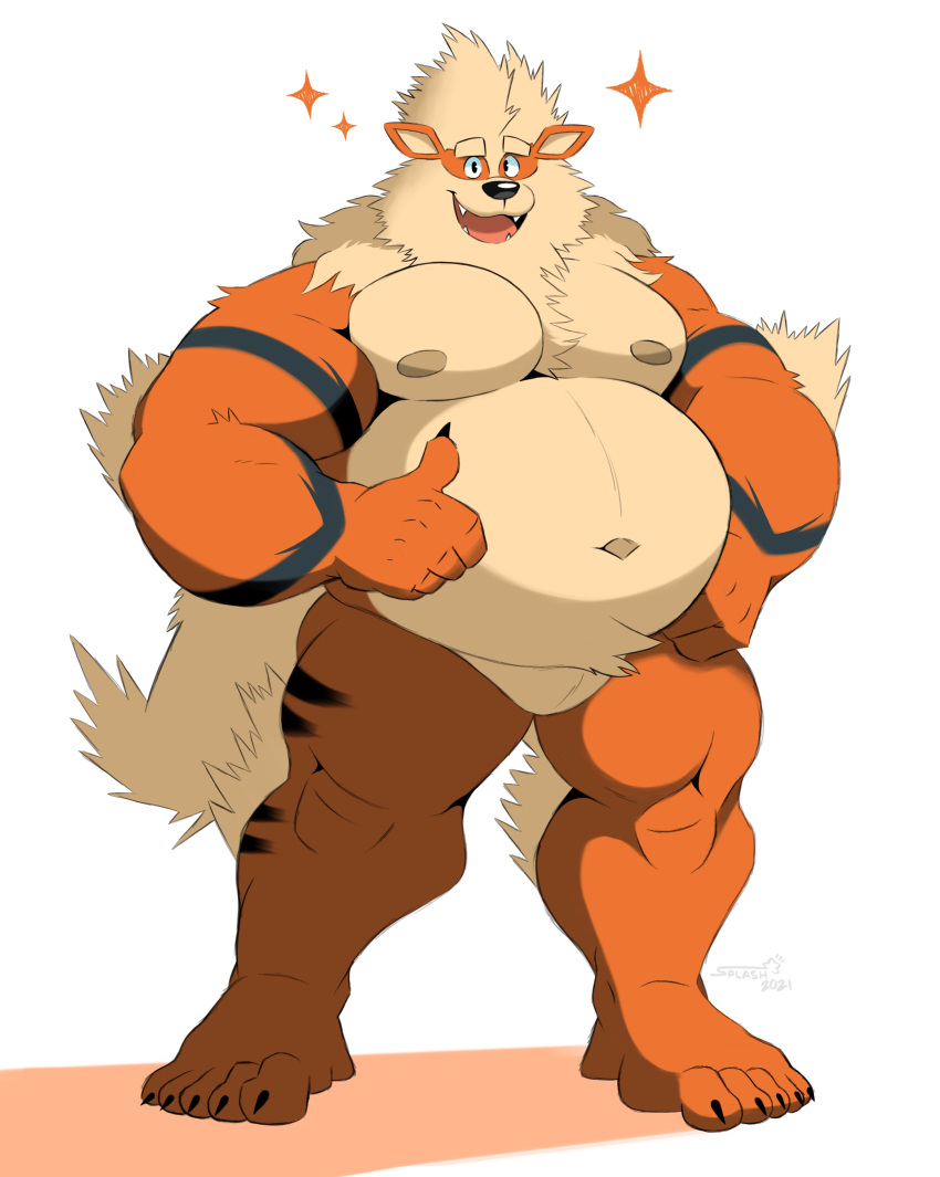 2021 absurd_res anthro anthrofied arcanine belly big_belly claws fur gesture hand_on_hip hi_res looking_at_viewer male moobs musclegut navel nintendo nipples nude open_mouth open_smile overweight overweight_anthro overweight_male pok&eacute;mon pok&eacute;mon_(species) simple_background smile solo splashburr standing star thumbs_up tuft video_games white_background