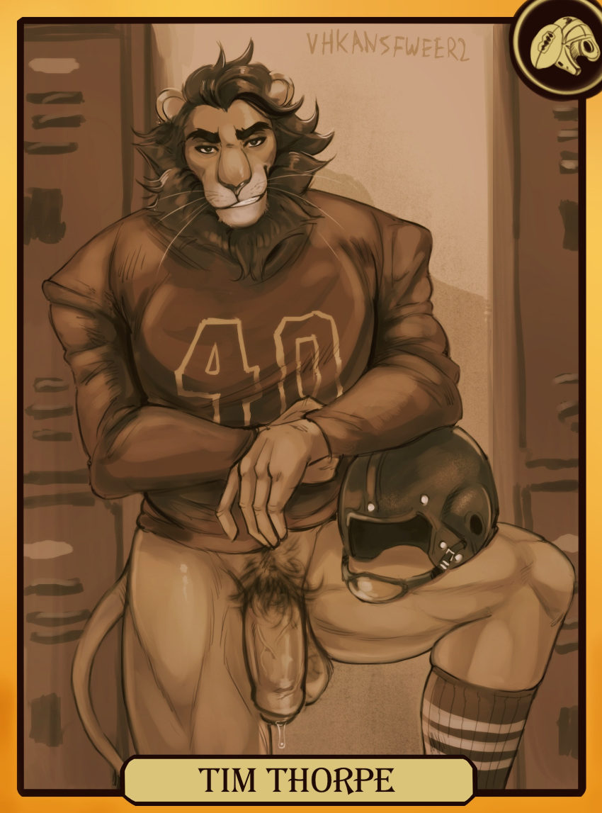 anthro balls big_penis blacksad bodily_fluids bottomless card character_name clothed clothing dripping eyebrows felid football_helmet football_uniform footwear foreskin genital_fluids genitals hair hi_res humanoid_genitalia humanoid_penis lion locker_room looking_at_viewer male mammal mane mane_hair muscular muscular_anthro muscular_male pantherine partially_retracted_foreskin penis pinup pose precum precum_drip pubes smile smirk socks solo step_pose thick_eyebrows tim_thorpe trading_card uncut uniform vein veiny_penis vhkansfweer whiskers