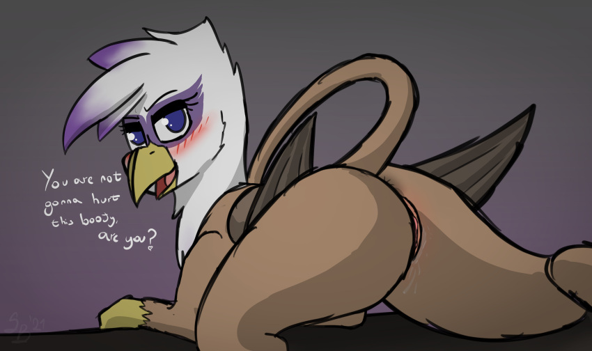 anus avian blush dialogue female feral genitals gryphon hasbro hi_res looking_at_viewer my_little_pony mythological_avian mythology presenting pussy solo solo_focus sombird