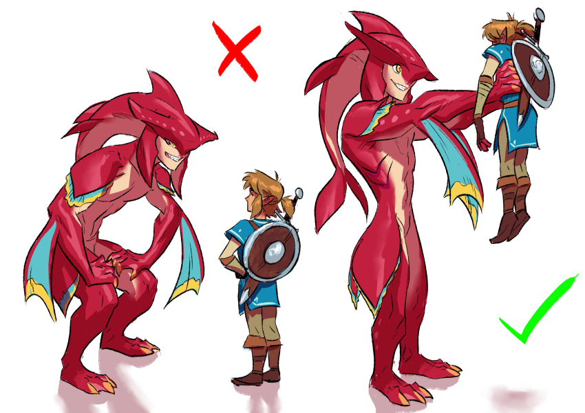 2021 absurd_res anthro breath_of_the_wild crouching duo eye_contact featureless_crotch hi_res holding_partner how_to_talk_to_short_people link looking_at_another male marine maxspite melee_weapon meme nintendo nude_male prince_sidon shield simple_background size_difference standing sword the_legend_of_zelda video_games weapon white_background zora