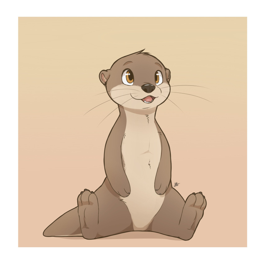 1:1 2021 absurd_res anthro black_nose border brown_body brown_fur featureless_crotch fur gradient_background hi_res louart lutrine mammal mustelid nude signature simple_background sitting solo tan_background whiskers white_border
