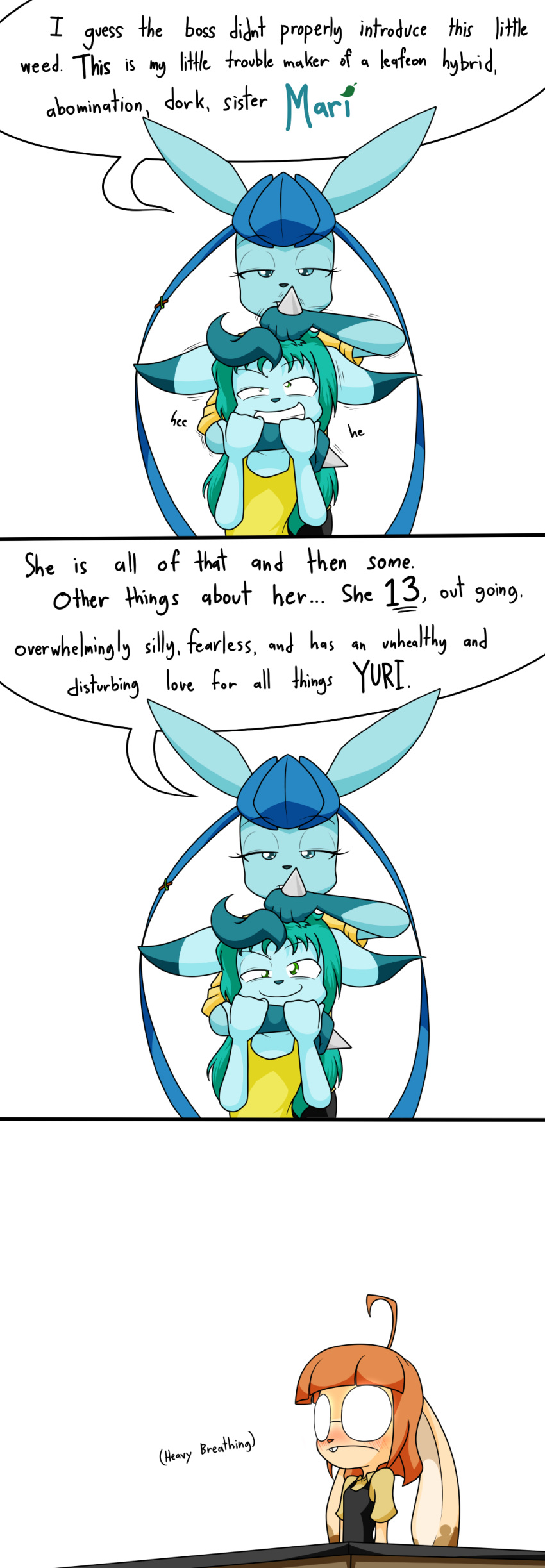 2018 absurd_res anthro apron blue_body blue_fur blue_hair blush buckteeth clothing dialogue digital_media_(artwork) eeveelution english_text eyelashes female fingers fur galia_(sandwich-anomaly) glaceon green_eyes group hair hi_res hybrid leafeon lucario mari_(sandwich-anomaly) nintendo noogie orange_hair pok&eacute;mon pok&eacute;mon_(species) sandwich-anomaly sibling simple_background sister smile smirk tan_body tan_fur teal_eyes teal_hair teeth text victoria_(sandwich-anomaly) video_games white_background work_uniform young