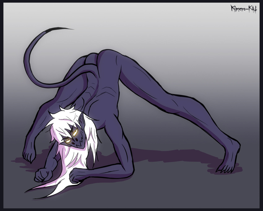 5:4 anthro ass_up black_border border butt cel_shading claws demon feet frank_fathih glowing glowing_eyes gradient_background hair hi_res humanoid humanoid_pointy_ears jack-o'_pose kimero_kat long_hair looking_at_viewer male meme nude pose pupils shaded simple_background slim slit_pupils smile smiling_at_viewer solo white_hair