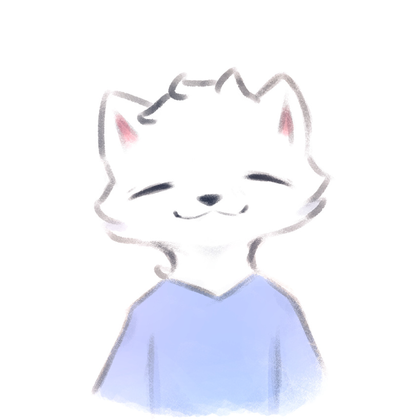1:1 anthro canid canine clothed clothing eyes_closed fluffy fox fur hi_res male mammal shirt simple_background smile snoii_(snoiifoxxo) snoiifoxxo solo topwear tuft white_background white_body white_fur