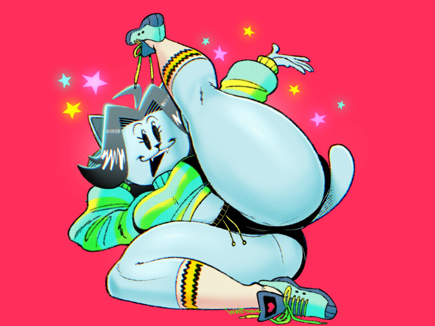 4:3 anthro big_breasts big_butt blue_body bottomwear breasts butt canid canine clothed clothing fangs felid feline female flexible footwear hair hi_res hotpants mammal midriff raised_leg red_background shoes shorts simple_background simple_eyes skimpy smile socks sweater tem temmie_(undertale) thick_thighs topwear undertale video_games wolftang