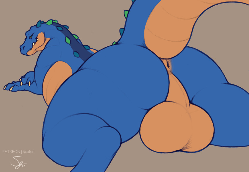 2021 3_toes absurd_res alligator alligatorid anthro anus back_spines backsack balls big_balls big_butt blue_body blue_skin butt crocodilian feet feral genitals hi_res looking_at_viewer looking_back lying male multicolored_body multicolored_skin on_front orange_balls orange_body orange_skin presenting presenting_anus presenting_balls raised_tail reptile salsa_(gator) scafen_(artist) scalie simple_background slightly_chubby smile solo thick_thighs toes two_tone_body two_tone_skin