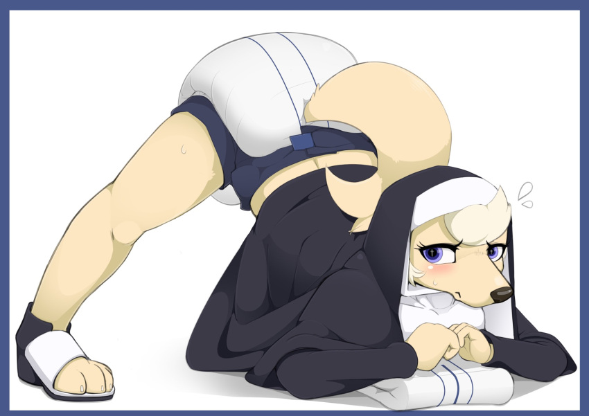 anthro ass_up blue_border blush bodily_fluids border canid canine canis claws clothing diaper domestic_dog female footwear hi_res jack-o'_pose looking_at_viewer mammal meme nun nun_outfit nyanyakotarou paws pose sandals solo sweat sweatdrop