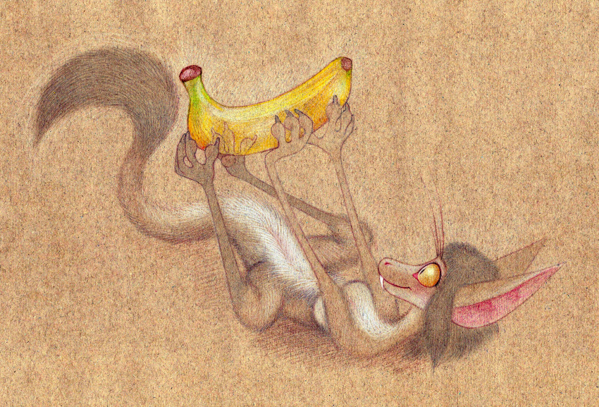 absurd_res anthro banana breasts claws english_text female finger_claws food fruit fuchs hi_res long_arms long_legs lying mammal on_back out-of-placers plant simple_background solo spread_legs spreading text toe_claws traditional_media_(artwork) webcomic yellow_eyes yinglet