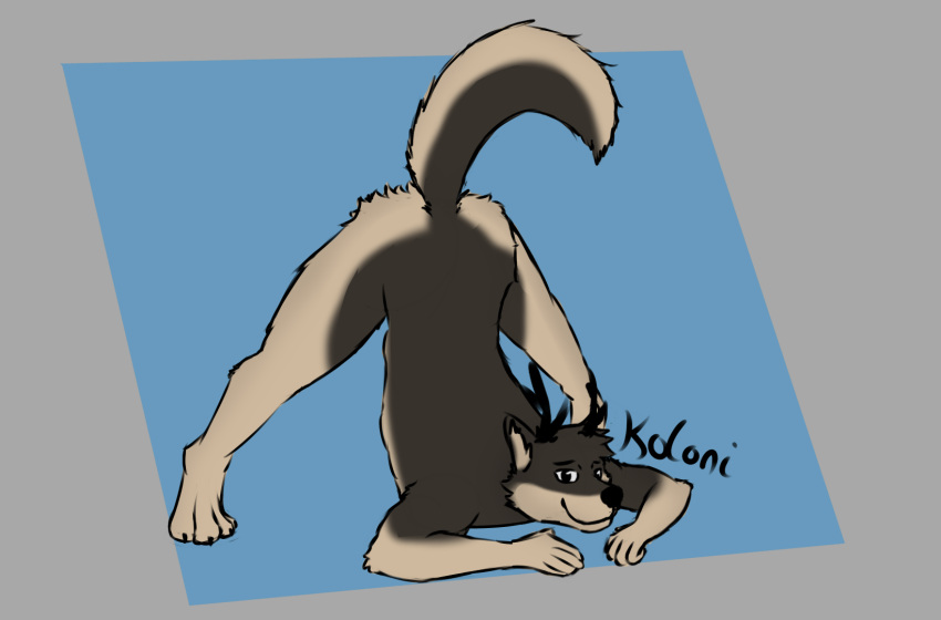 2021 anthro antlers ass_up butt canid canine canis cervid claws digital_drawing_(artwork) digital_media_(artwork) fluffy fluffy_ears fluffy_tail fur hair hi_res horn hybrid jack-o'_pose koloni looking_at_viewer male mammal multicolored_body multicolored_fur muscular muscular_anthro muscular_male paws pose signature simple_background smile solo spread_legs spreading tail_tuft toe_claws tuft two_tone_body two_tone_fur widescreen wolf