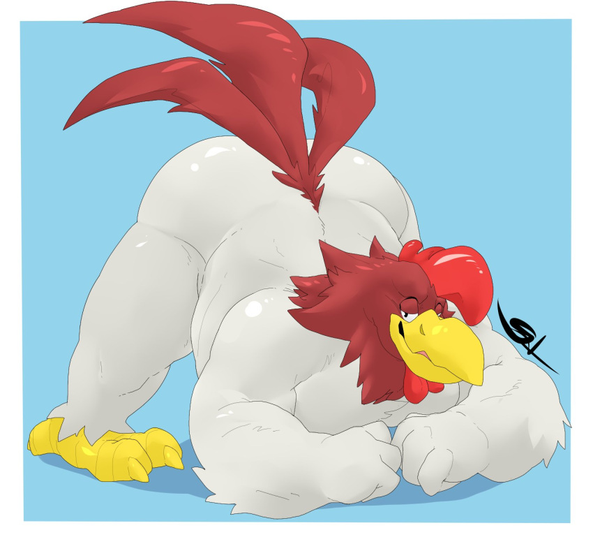 2021 anthro ass_up avian avian_caruncle beak belly biceps big_belly big_butt biped bird bird_feet black_eyes blue_background border butt chicken claws comb_(anatomy) dewlap_(anatomy) digital_media_(artwork) digitigrade feathers foghorn_leghorn front_view galliform gallus_(genus) grandall_(artist) hanna-barbera head_crest hi_res huge_butt jack-o'_pose leghorn_chicken looney_tunes male multicolored_body multicolored_feathers musclegut muscular muscular_anthro muscular_male narrowed_eyes nude open_beak open_mouth overweight overweight_anthro overweight_male phasianid pink_tongue pose red_body red_feathers red_tail scutes shaded signature simple_background solo tail_feathers thick_thighs toe_claws tongue two_tone_body two_tone_feathers warner_brothers wattle white_body white_border white_feathers wide_hips yellow_beak yellow_claws