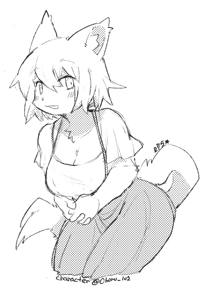 2021 4_fingers anthro bent_over big_breasts black_and_white blush bottomwear breasts canid canine canis cleavage clothed clothing dithering domestic_dog english_text female fingers fully_clothed guide_lines hair hi_res kemono looking_at_viewer mammal monochrome neck_tuft nrj_275 open_mouth open_smile shirt simple_background sketch skirt smile solo text topwear tuft white_background