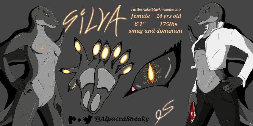 2:1 absurd_res alpaccasneaky anthro black_mamba dominant dominant_female elapid_(snake) english_text feet female genitals glowing glowing_eyes glowing_genitalia glowing_pawpads hi_res mamba model_sheet nude pawpads paws pit_viper rattlesnake reptile scalie snake solo sylva taller_female text viper