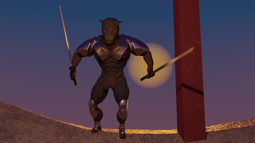 16:9 3d_(artwork) abs anthro armor armwear biceps big_muscles black_body black_nipples brown_clothing brown_gloves brown_handwear clothed clothing digital_media_(artwork) dual_wielding ear_piercing felid footwear fur gloves handwear hi_res holding_object holding_weapon looking_forward male male/male mammal manly melee_weapon mindorbody muscular muscular_anthro muscular_male nipples pantherine pecs piercing quads sky solo sword thong underwear weapon widescreen