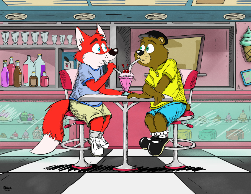 absurd_res al_bear anthro bimbeaver27 blue_eyes brown_body brown_fur canid canine clothing dessert dexter_fox duo eye_contact food footwear fox frilly frilly_socks fur green_eyes hat headgear headwear hi_res ice_cream looking_at_another male male/male mammal mary_janes red_body red_fur sharing sharing_food shirt shoes sneakers socks store topwear ursid white_body white_fur yellow_clothing yellow_shirt yellow_topwear