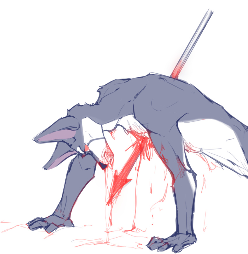 anthro black_nose blood bodily_fluids canid canine canis domestic_dog dying fur gore hi_res male mammal mozeeeeeeeee nude solo violence wolf wounded