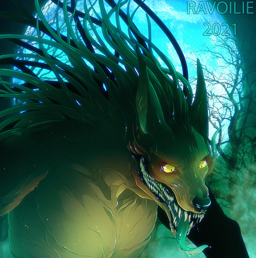 2021 anthro canid canine creepy digital_media_(artwork) elemental_creature fangs flora_fauna forest green_eyes hi_res hybrid male mammal many_teeth monster open_mouth plant ravoilie smile solo teeth tongue tree