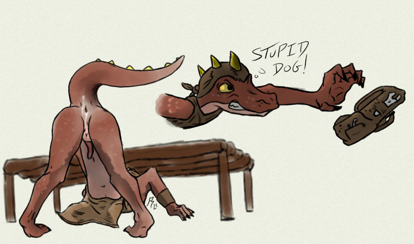 after_sex anthro ass_up belt bodily_fluids cum drakue_(artist) frustration genital_fluids hi_res humanoid jack-o'_pose kobold lying pose reaching red_dragon_inn solo under_table wrench_(red_dragon_inn)