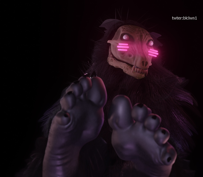 3d_(artwork) 5_toes ambiguous_gender anthro barefoot black_background black_body black_fur blush blush_lines bone canid claws digital_media_(artwork) feet foot_focus fur hi_res humanoid_feet i2lsx mammal scp-1471 scp-1471-a scp_foundation simple_background skull soles solo toe_claws toes white_eyes