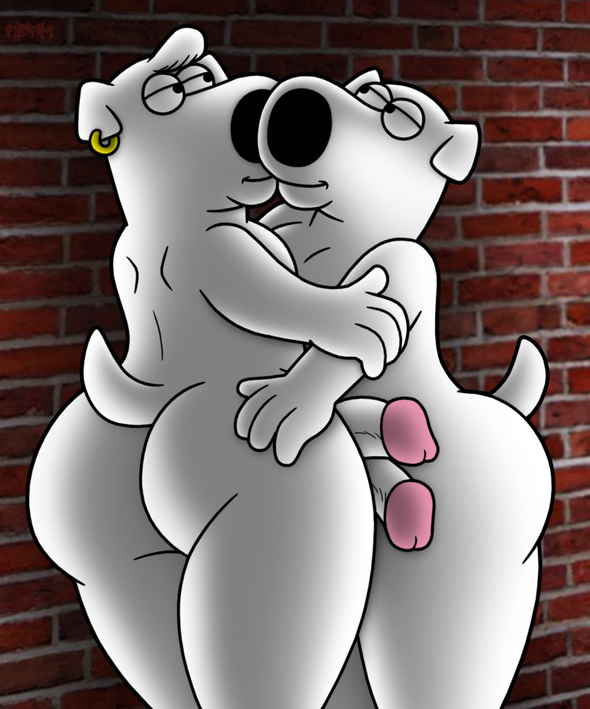 anthro brian_griffin butt canid canine cousins duo exhibitionism family_guy frottage genitals glans hi_res incest_(lore) jasper_(family_guy) kissing male male/male mammal overweight penis pink_glans sex tbfm