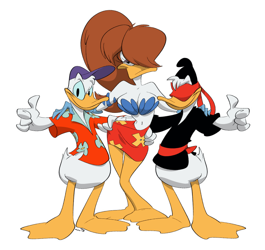 absurd_res aloha_shirt anatid anseriform anthro avian big_breasts bird blindfold bottomless bottomwear breasts brown_hair cleavage clothed clothing disney donald_duck duck female front_view full-length_portrait fur gesture hair hair_over_eye herneae hi_res long_hair looking_at_viewer male maui_mallard_in_cold_shadow midriff navel ninja one_eye_obstructed pattern_clothing pattern_shirt pattern_topwear portrait shirt skirt slb standing thumbs_up topwear trio video_games warrior white_body white_fur