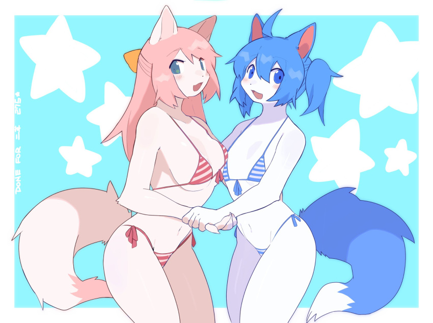 5_fingers anthro belly bikini blue_bikini blue_body blue_clothing blue_eyes blue_fur blue_hair blue_swimwear blush breasts canid canine canis clothing domestic_dog duo female fingers fluffy fluffy_tail fur hair hand_holding hi_res kemono looking_at_viewer mammal medium_breasts navel nrj_275 open_mouth open_smile pattern_bikini pattern_clothing pattern_swimwear pink_body pink_fur pink_hair red_bikini simple_background small_breasts smile standing striped_bikini striped_clothing striped_swimwear stripes swimwear